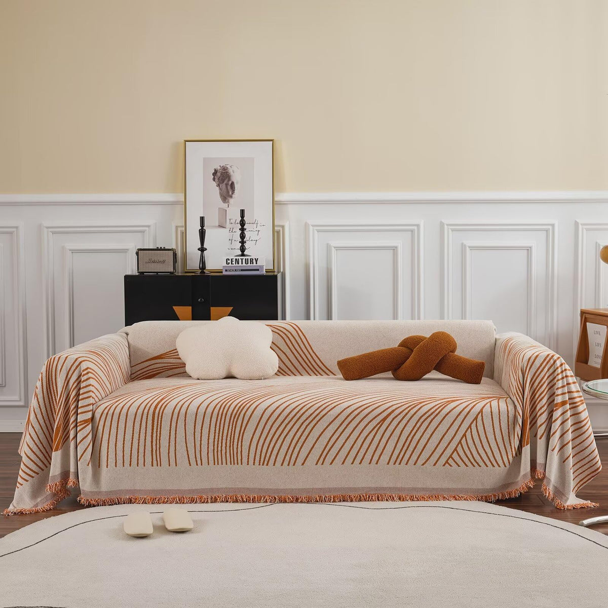 VClife Boho Couch Cover Thick Cooling Chenille Sofa Cover Modern Simple Beige Caramel Stripe Jacquard Couch Protector for 2-3 Cu