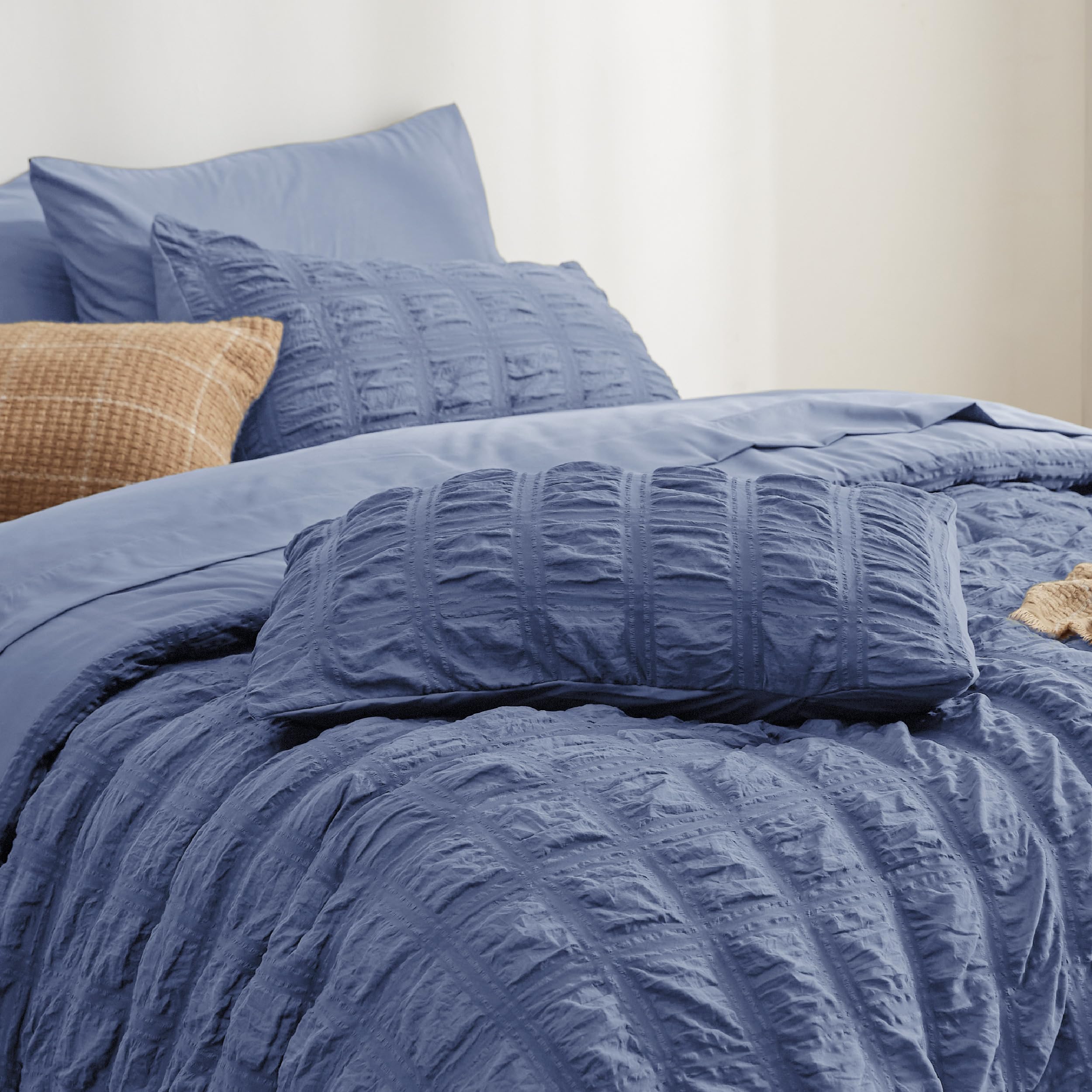 Bedsure Full Size Comforter Sets - Bed In A Bag Full Size 7 Pieces Plaid Seersucker Bedding Set, Soft Lightweight Down Alternati