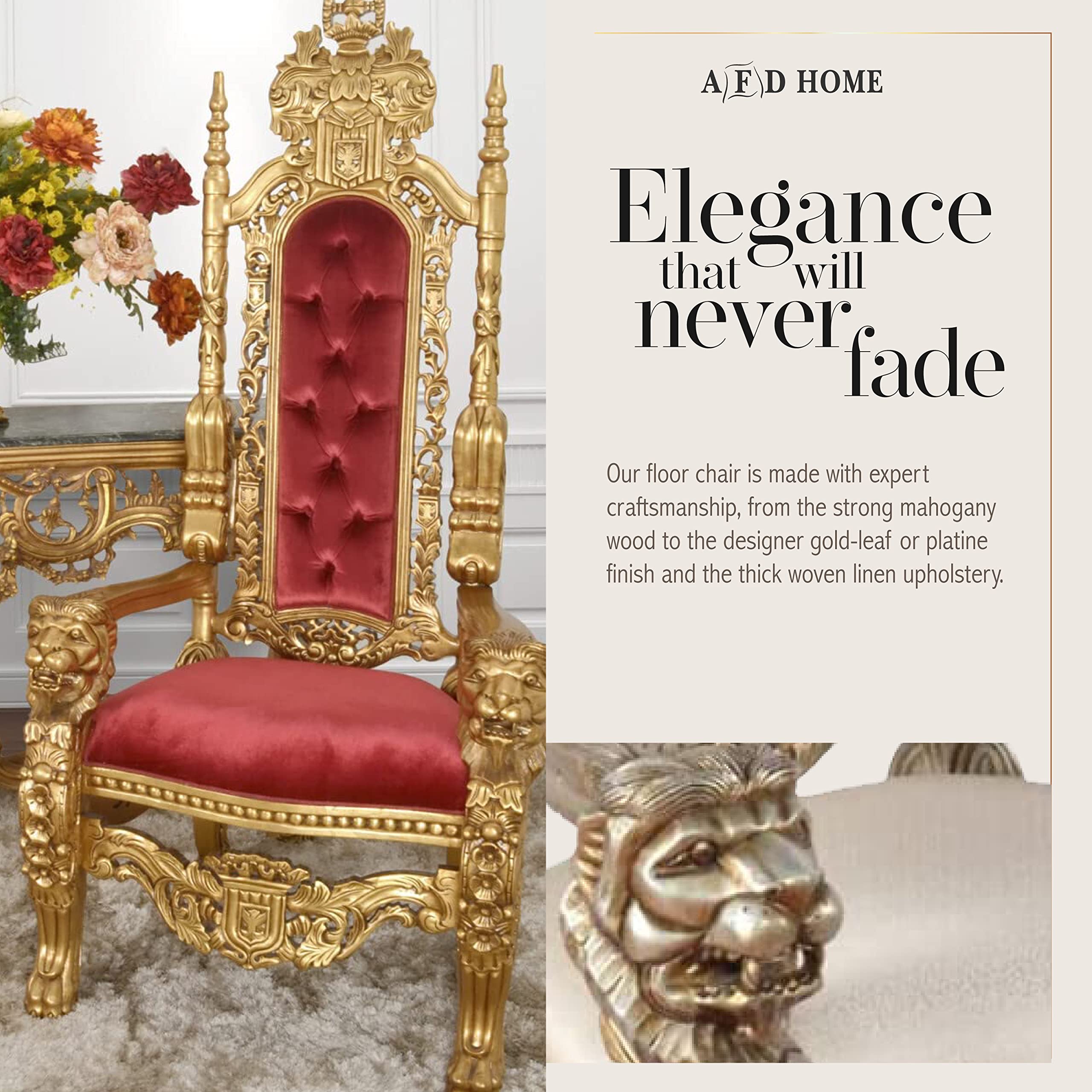 AFD Home King Chair, Accent Chair, Linen-Upholstered Table Chair, Mahogany Hand-Carved Chair, Champagne (Blend of Silver and Gold) Cream Fabric