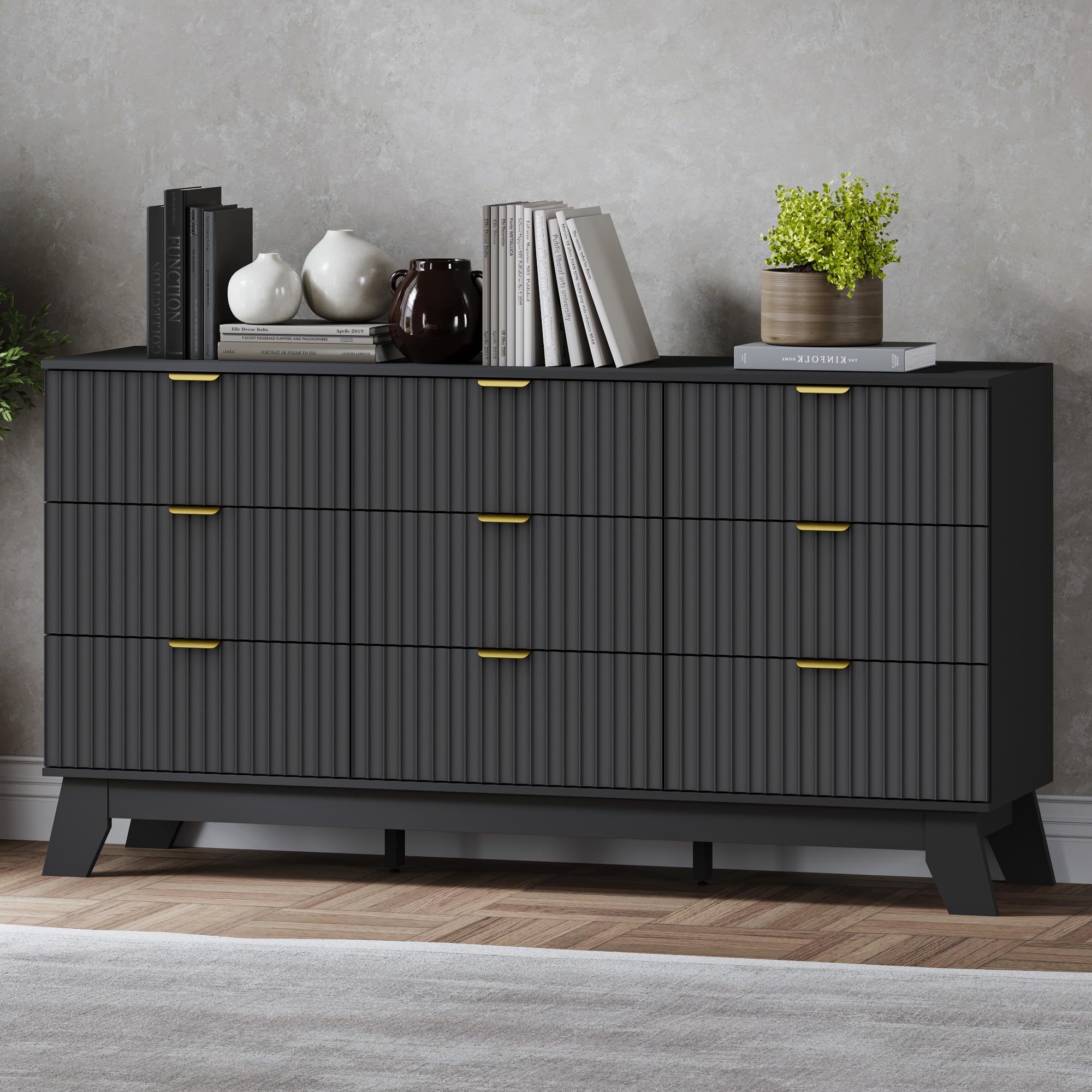 BORNOON Fluted 9 Drawer Dresser, 57.1 Wide Modern Boho Chest of Drawers, Wooden Storage Dresser TV Stand for Bedroom, Living Roo