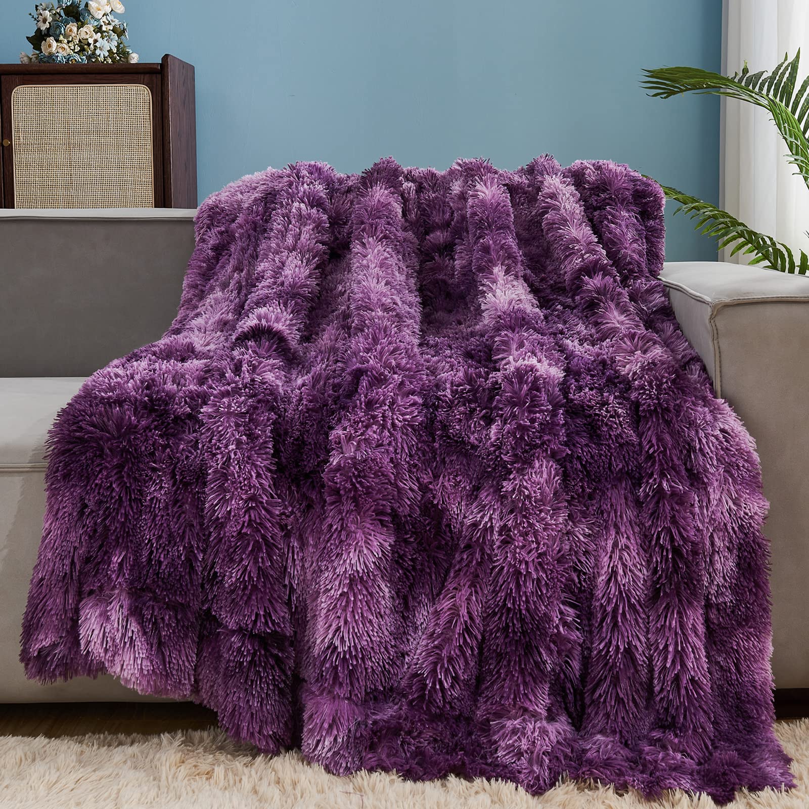 Gonaap Fuzzy Faux Fur Throw Blanket Twin Size Tie-Dye Violet Purple Super Soft Cozy Plush Fuzzy Shaggy Blanket For Couch Sofa Be