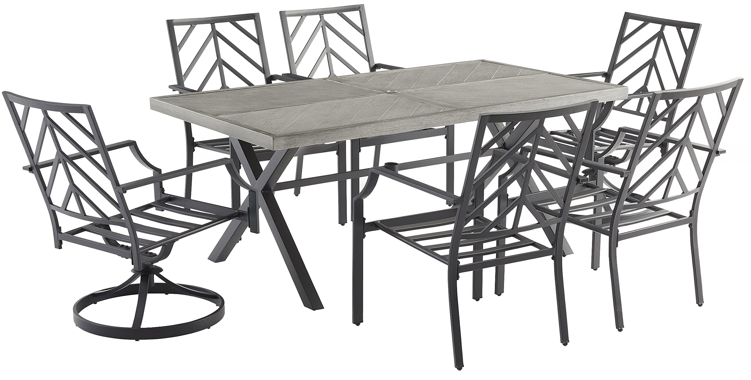 Crosley Furniture Otto 7-Piece Chevron Outdoor Dining Set for 6, Patio Table and Chairs for Backyard, Deck, Matte Black with Gray Cushions