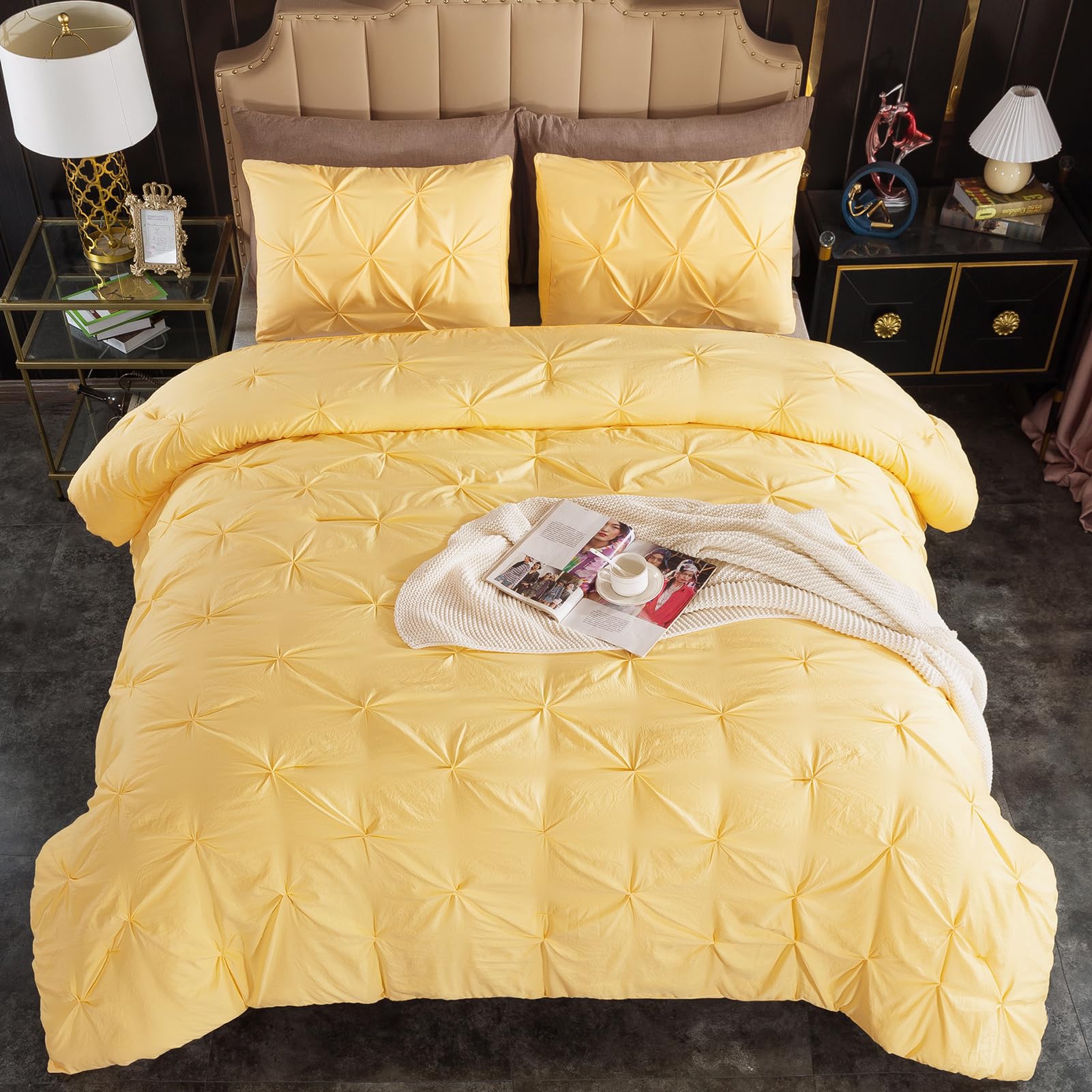 Andency California King Comforter Set Yellow (104X96Inch), Pinch Pleat Cal King Comforter Set 3 Pieces, Oversized King Pintuck Bed Comforter, Microfiber Down Alternative Comforter Bedding Set