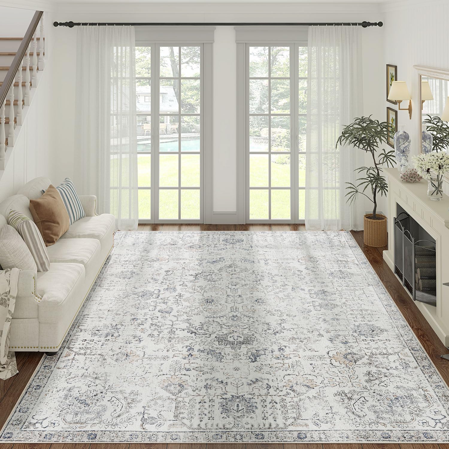 jinchan Area Rug 9x12 Washable Rug Vintage Rug Indoor Thin Rug Gray Retro Accent Rug Distressed Carpet Grey Multi Floral Print C