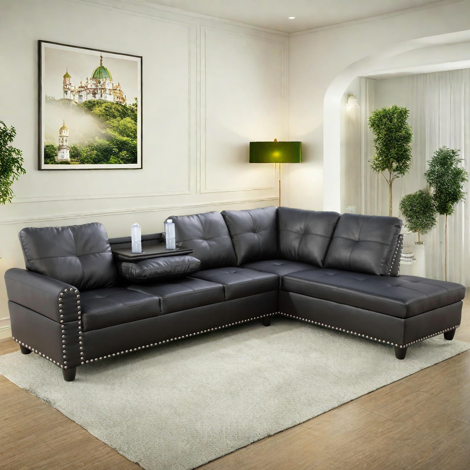 Fontoi Leather Sectional Couch Sofa, Modern Nail-Head Design L Shaped Sectional Sofa For Living Room, 4 Seat L Couch With Cup Ho