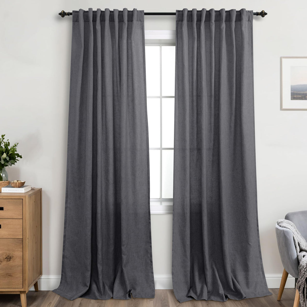 Koufall Dark Grey Back Tab Rod Pocket Linen Sheer Curtains For Living Room 52X90 Inches Long
