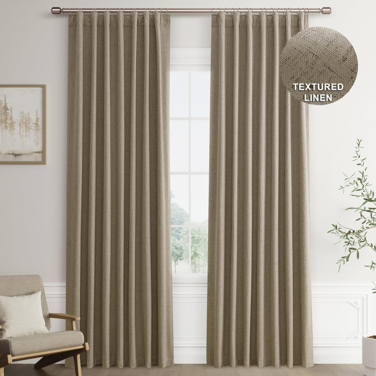 Joywell Light Taupe Linen 100% Blackout Curtains 84 Inch Long, Rod Pocket/Back Tab/Hook Belt/Clip Rings,Thermal Insulated Drapes For Bedroom Living Room With Hooks,2 Panels,52 X 84