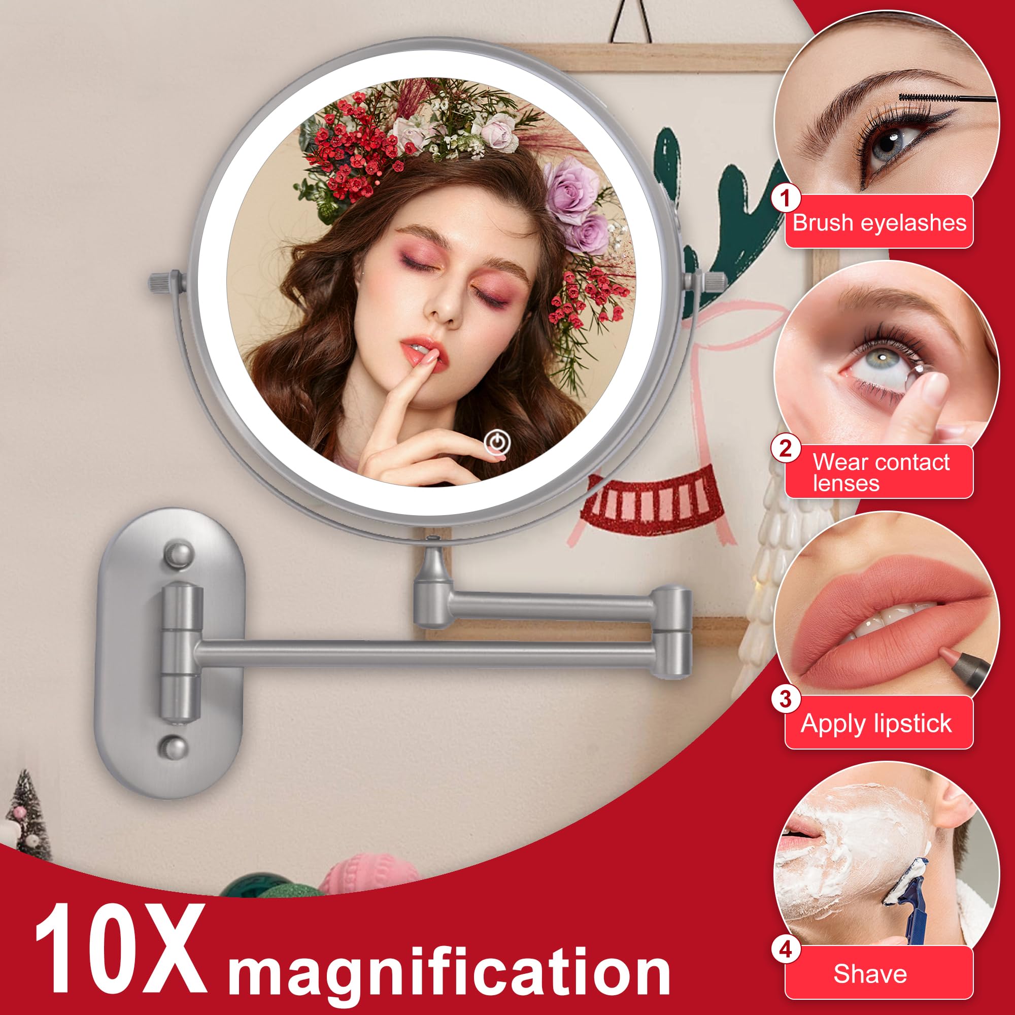 Rechargeable Wall Mounted Lighted Makeup Vanity Mirror With 10X/1X Magnification For Shaving, 8Inch Brushed Nickel Magnifying Mi