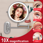 Rechargeable Wall Mounted Lighted Makeup Vanity Mirror With 10X/1X Magnification For Shaving, 8Inch Brushed Nickel Magnifying Mi
