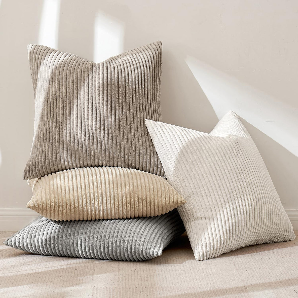 Miulee Pack Of 4 Tan Corduroy Decorative Throw Pillow Covers 18X18 Inch Soft Boho Striped Pillow Covers Modern Farmhouse Home De