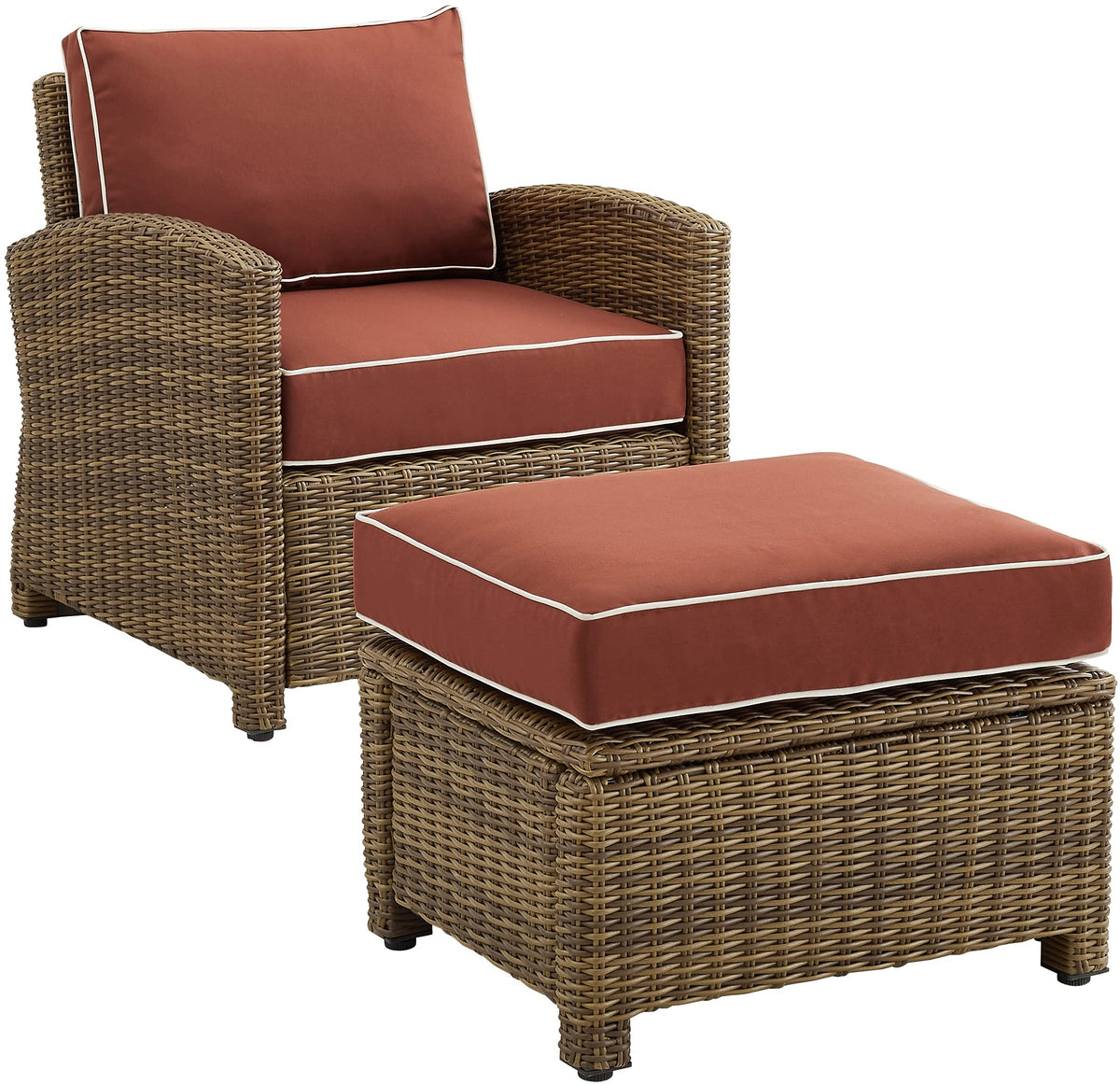 Crosley Furniture Bradenton 2-Piece Outdoor Chair and Ottoman Set, Wicker Patio Conversation Sets for Porch, Brown with Sangria Cushions