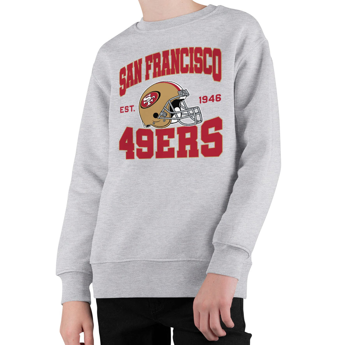 Junk Food Clothing X Nfl - San Francisco 49Ers - Team Helmet - Kids Crewneck Fleece Sweatshirt For Boys And Girls - Size Large