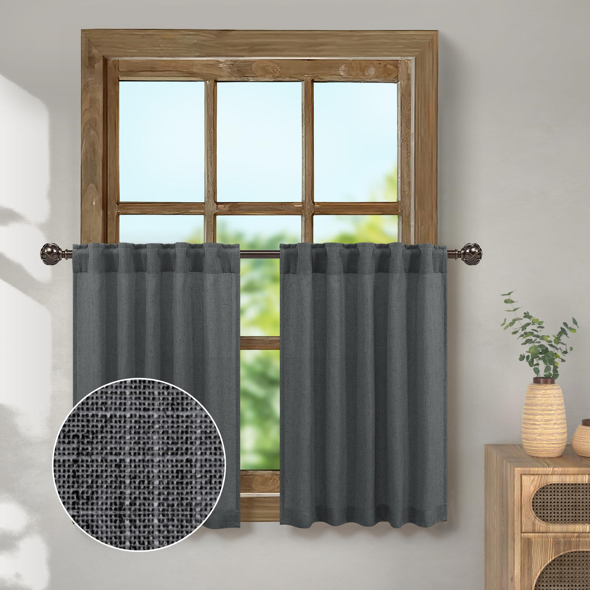 Pitalk Dark Grey Kitchen Curtains For Small Window 36 Inch Length 2 Pack Back Tab Pocket Primitive Burlap Farmhouse Cafe Tier Se