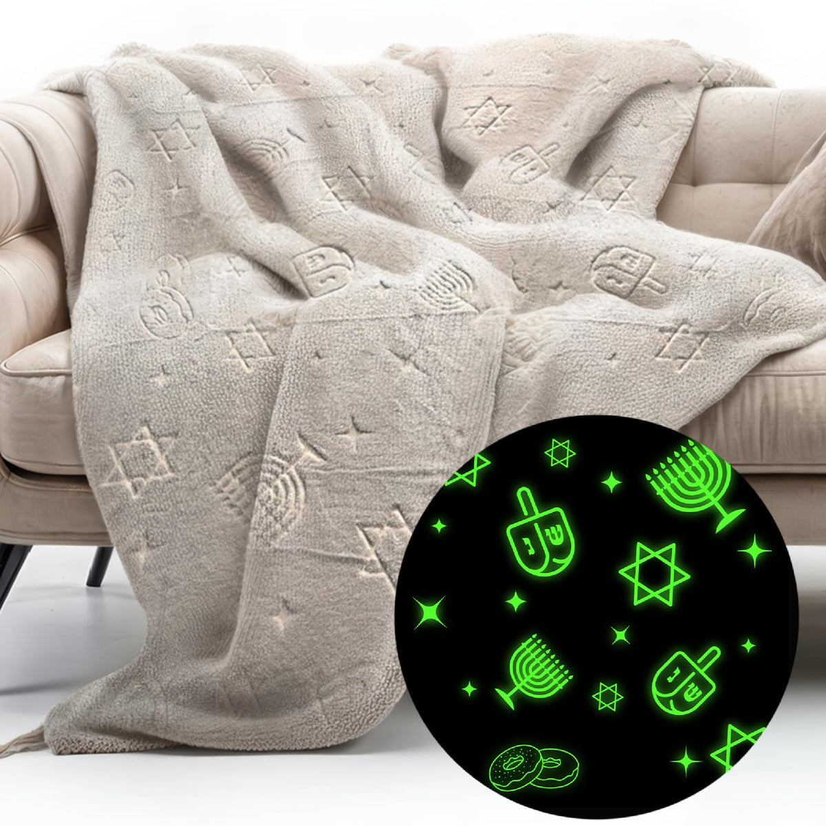 Glow In The Dark Blanket - Soft Flannel Throw With Menorah, Dreidels & Jewish Stars For Kids & Adults - Cozy, Plush, And Machine