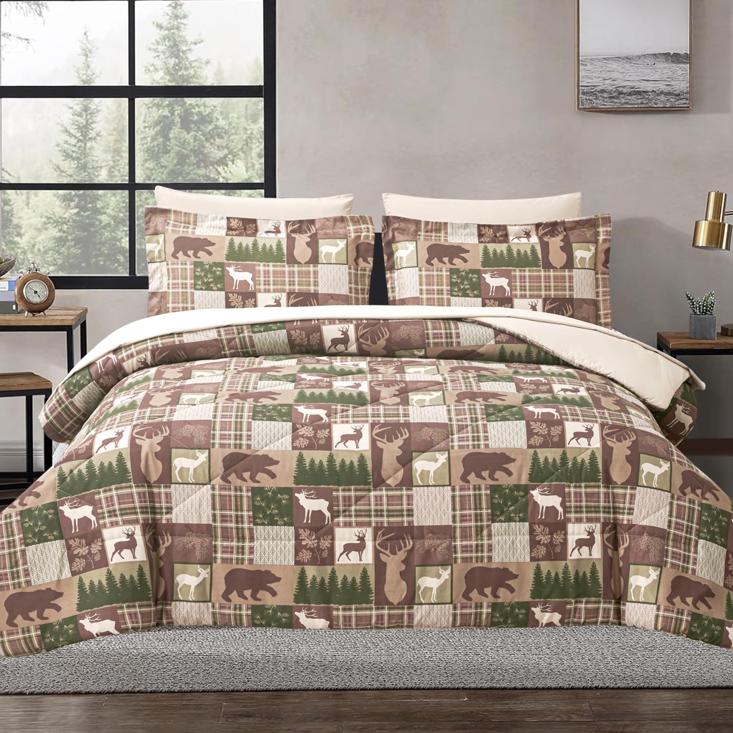 Comforter Set Queen Size Bear Moose Plaid Comforter Bedding7 Piece Bed In A Bag,Soft Reversible Patchwork Microfiber Bedding Se