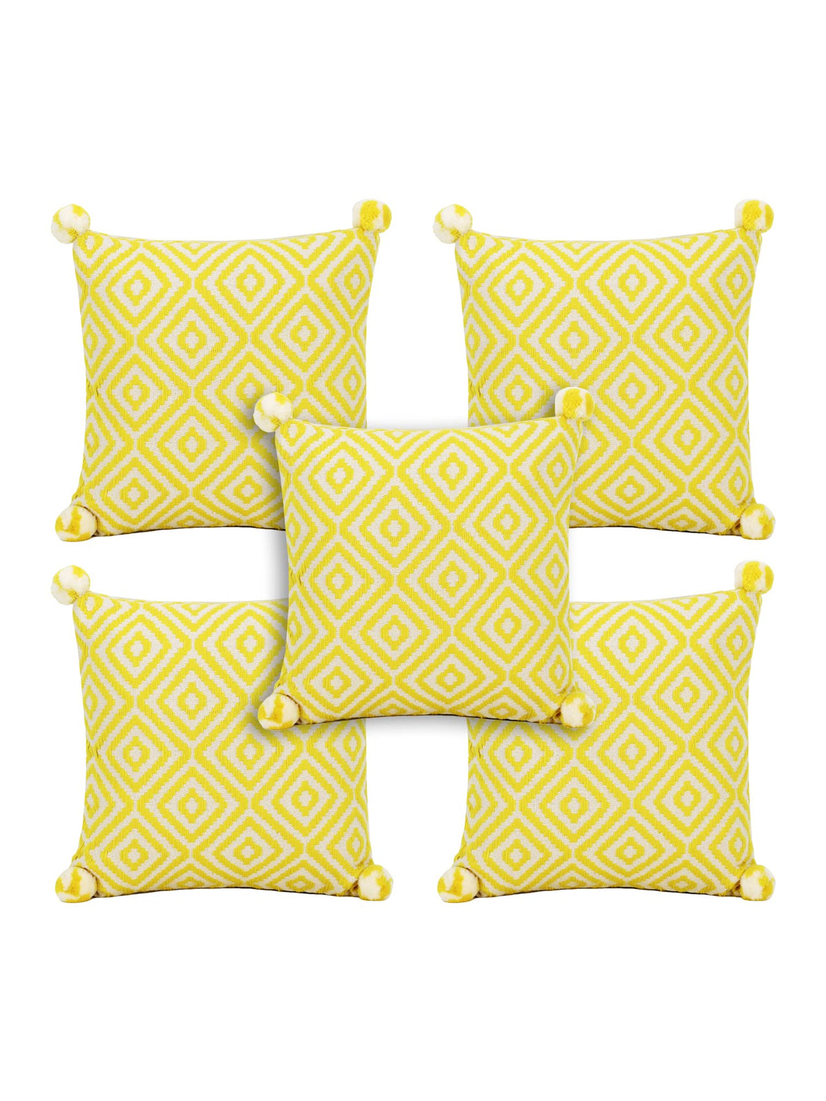 Mezposh Lemon Yellow & Off White Diamond Embroidered Cotton Acrylic Cushion Covers (16X16) Set Of 5