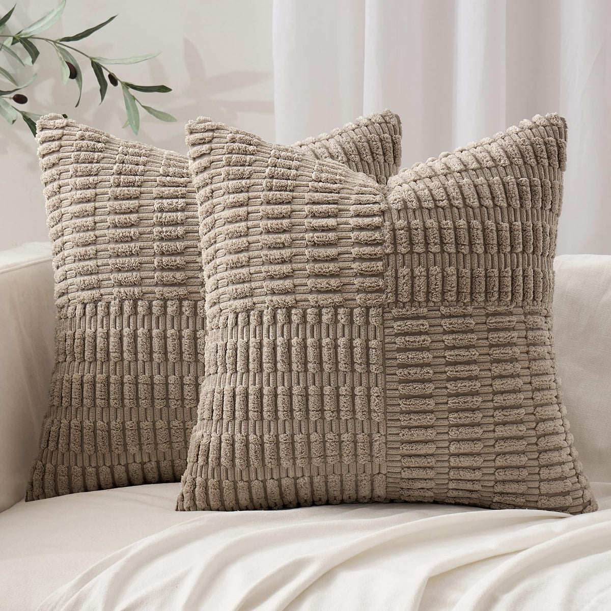 Miulee Light Brown Boho Pillow Covers Set Of 2 Decorative Farmhouse Couch Throw Pillows Textured Striped Patchwork Pillowcases F