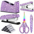 Yunlly 6 Pack Bling Office Stationery Set Desk Accessory Office Set Includes Pen Scissor Stapler Staple Remover 1000 Pcs Staples