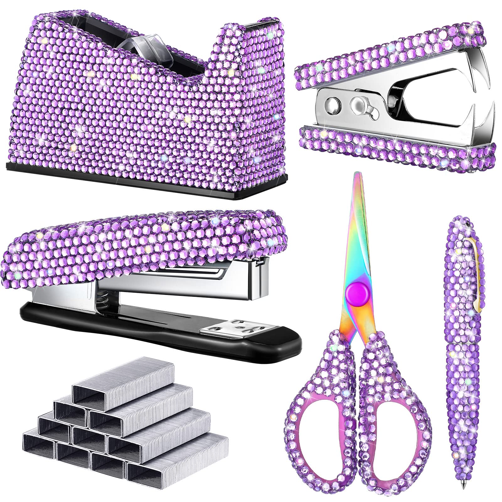 Yunlly 6 Pack Bling Office Stationery Set Desk Accessory Office Set Includes Pen Scissor Stapler Staple Remover 1000 Pcs Staples