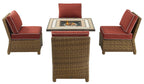Crosley Furniture Bradenton 5-Piece Wicker Outdoor Chair Patio Furniture Set with Propane Gas Fire Pit Table, Brown with Sangria Cushions