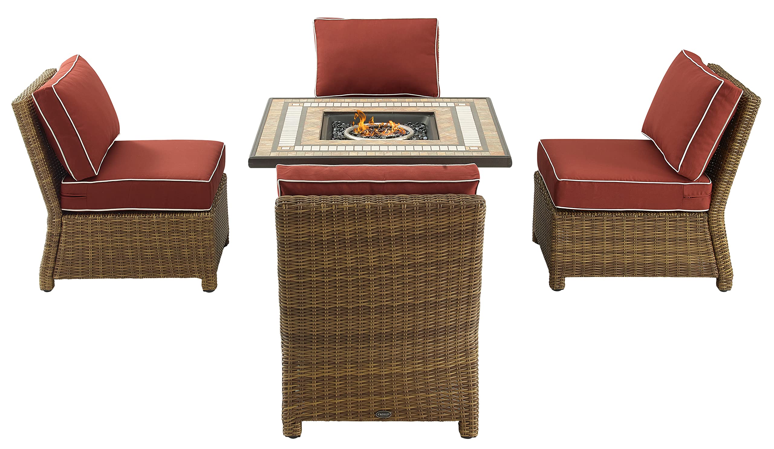 Crosley Furniture Bradenton 5-Piece Wicker Outdoor Chair Patio Furniture Set with Propane Gas Fire Pit Table, Brown with Sangria Cushions