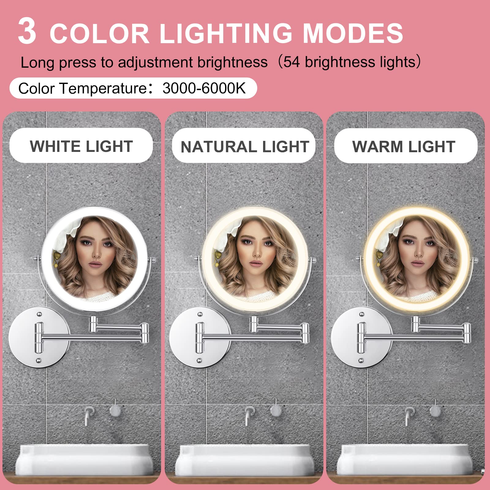 Ffowcye Wall Mounted Makeup Vanity Mirror With Lights, 8    Double Sided 1X/10X Wall Mount Magnifying Bathroom Shaving Mirror Wi