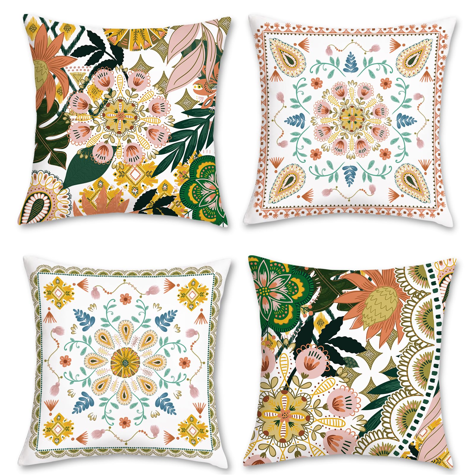 Bonhause Boho Floral Pillow Covers 18X18 Set Of 4 Bohemian Mandala Decorative Throw Pillow Cases Soft Velvet For Sofa Couch Car
