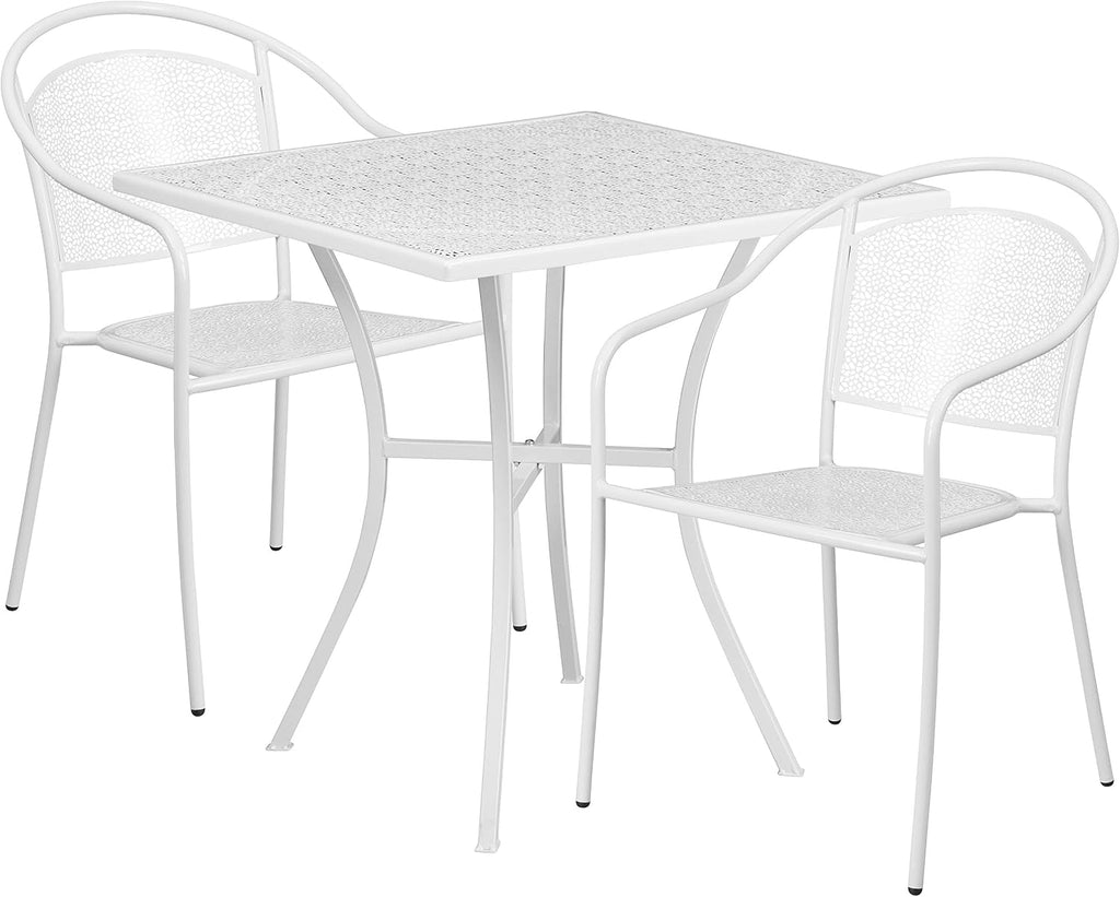 Commercial Grade 28 Square White Indoor-Outdoor Steel Folding Patio Table Set with 2 Square Back Chairs