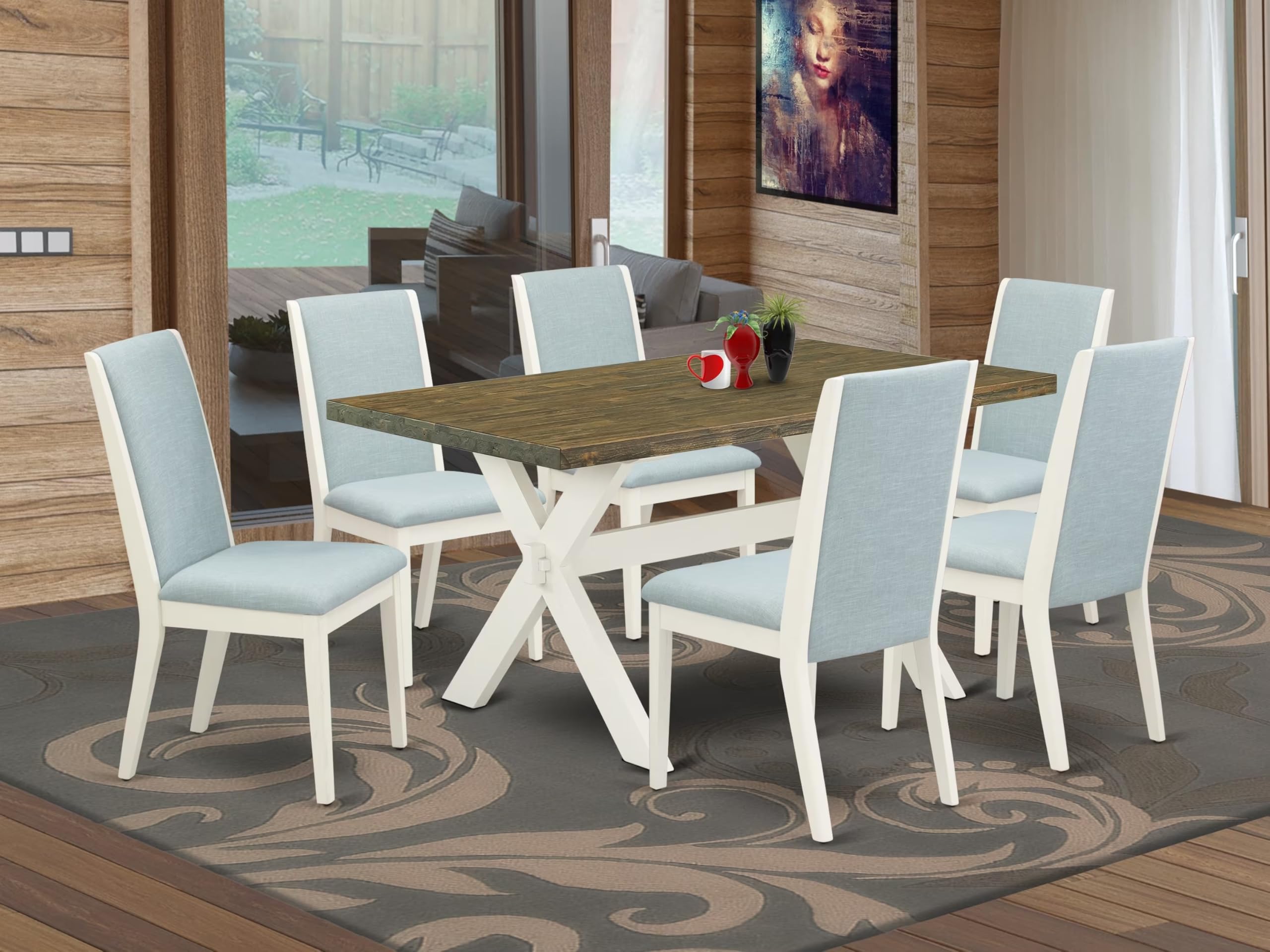 East West Furniture X076La015-7 7 Piece Dining Table Set Consist Of A Rectangle Dining Room Table With X-Legs And 6 Baby Blue Linen Fabric Parsons Chairs, 36X60 Inch, Multi-Color