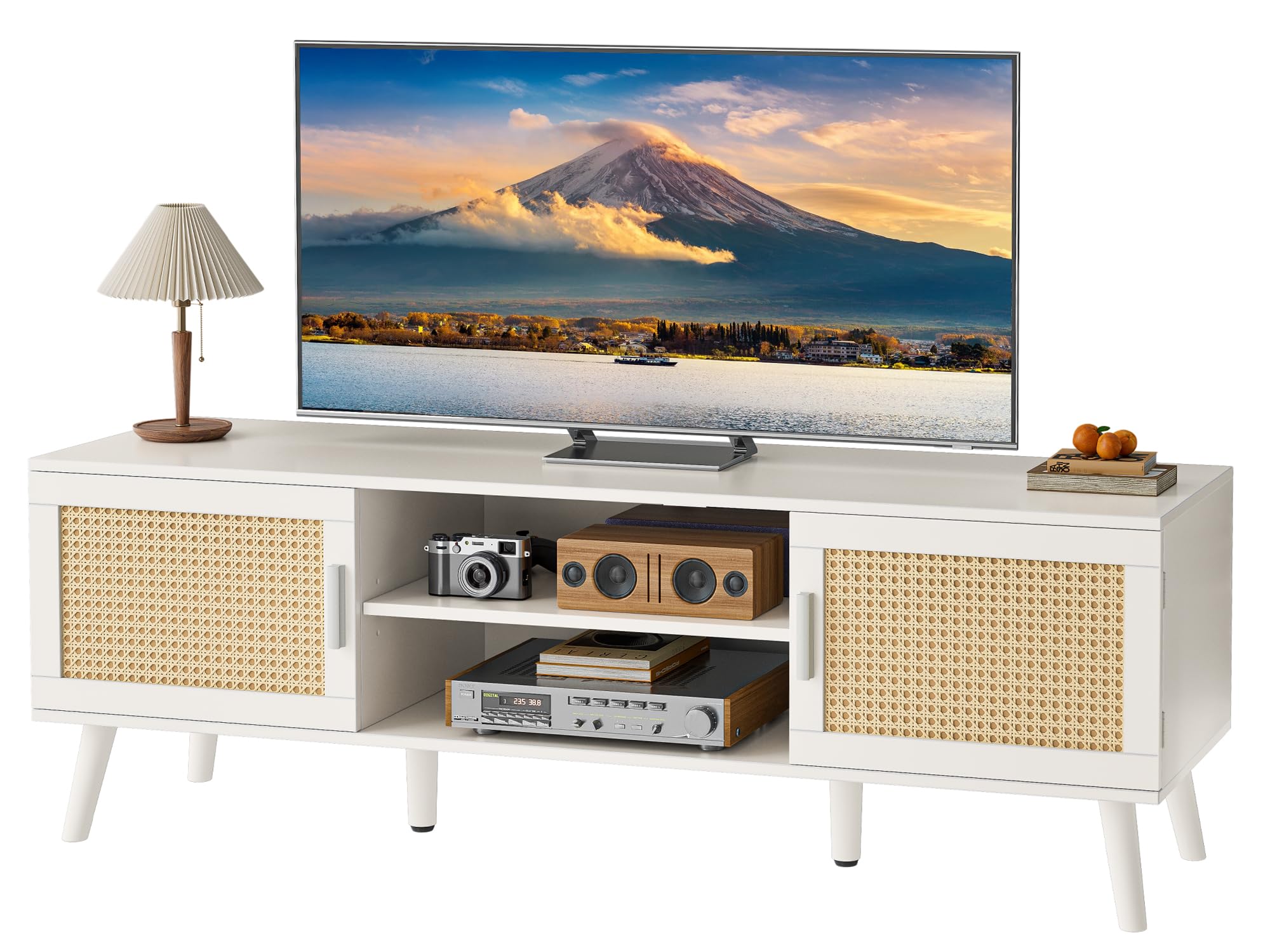 SUPERJARE 65 Inch TV Stand, Entertainment Center with Adjustable Shelf, Rattan TV Console with 2 Cabinets, Media Console, Solid 