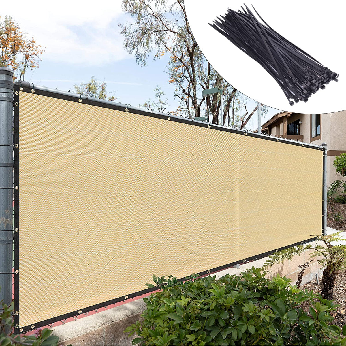 Royal Shade Custom Size 4' X 173' Beige Fence Privacy Screen Windscreen Cover Netting Mesh Fabric Cloth - Cable Zip Ties Include