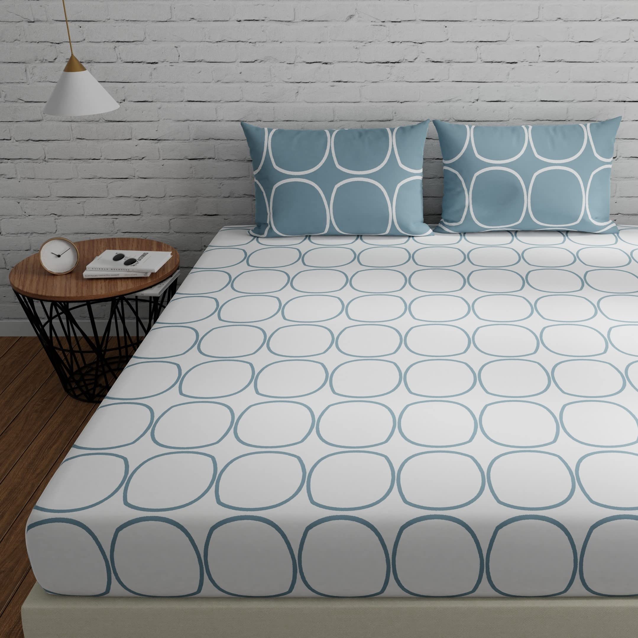 Huesland By Ahmedabad Cotton 144 Tc Cotton Bed Sheet For Double Set Bed With 2 Pillow Covers  White & Blue