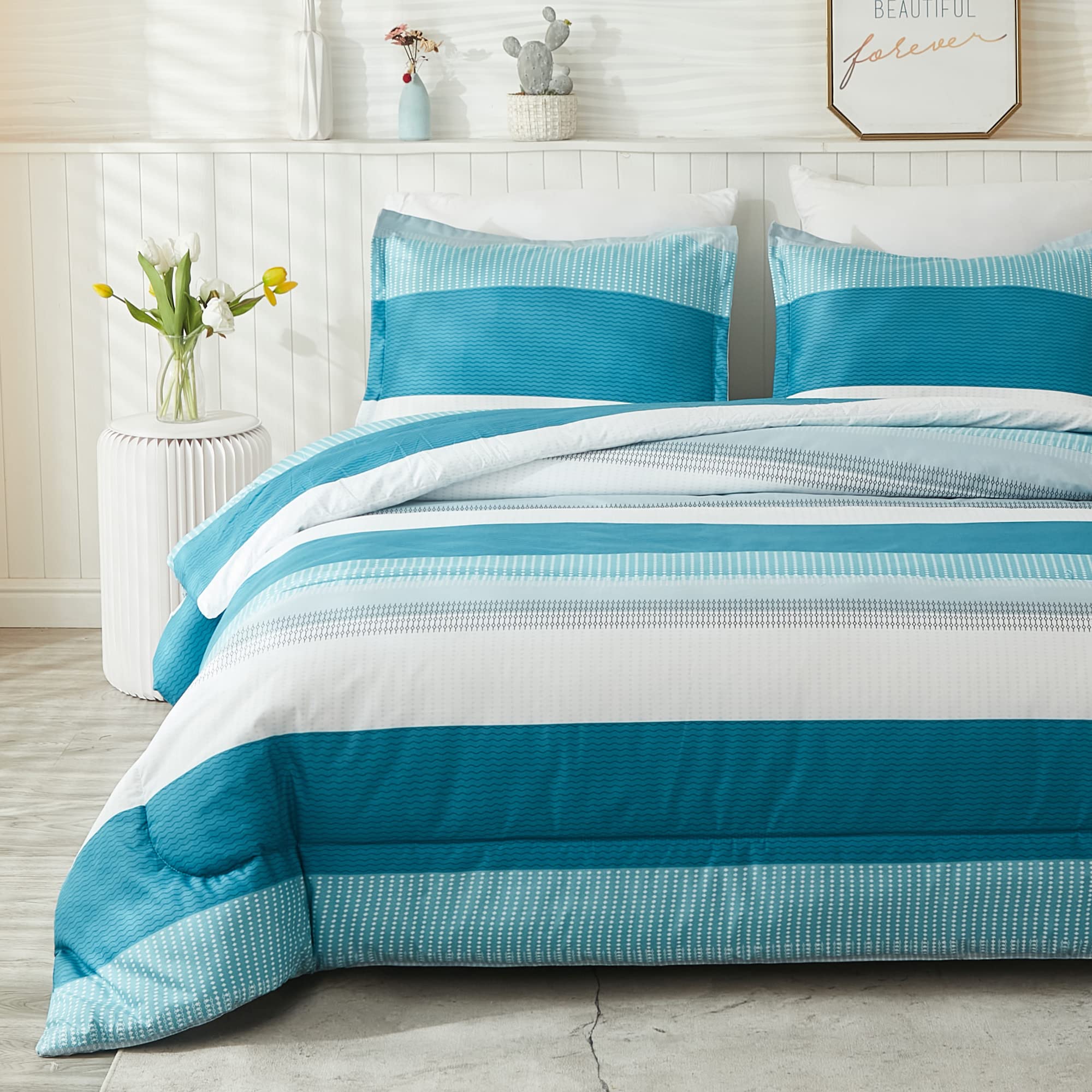 Litanika Full Comforter Set White Teal - 3 Pieces Lightweight Fluffy Bedding Comforter Sets, All Season Down Alternative Comfort