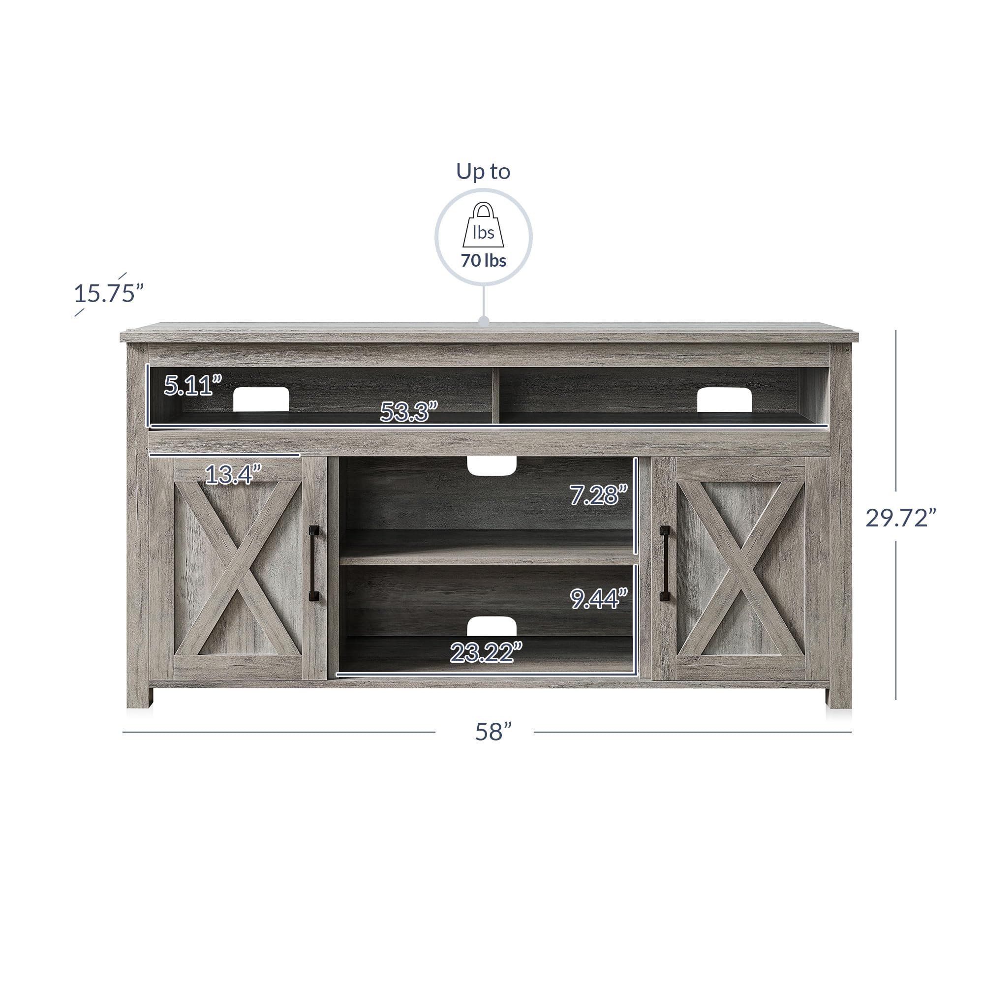 Belleze Modern 58 Inch Barn Door Wood Tv Stand & Media Entertainment Center Console Table For Tvs Up To 65 Inches With Two Open Shelves And Cabinets - Corin (Gray Wash)