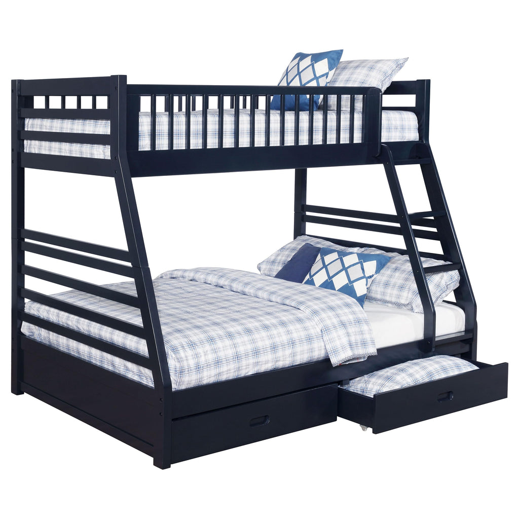 Coaster Home Furnishings Ashton Transitional Wood Twin Over Full Size Bunk Bed Frame with Ladder and Guardrails with Two Storage Drawers Fully Slatted Mattress Ready Foundation Navy Blue 460181
