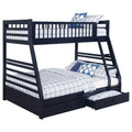 Coaster Home Furnishings Ashton Transitional Wood Twin Over Full Size Bunk Bed Frame with Ladder and Guardrails with Two Storage Drawers Fully Slatted Mattress Ready Foundation Navy Blue 460181