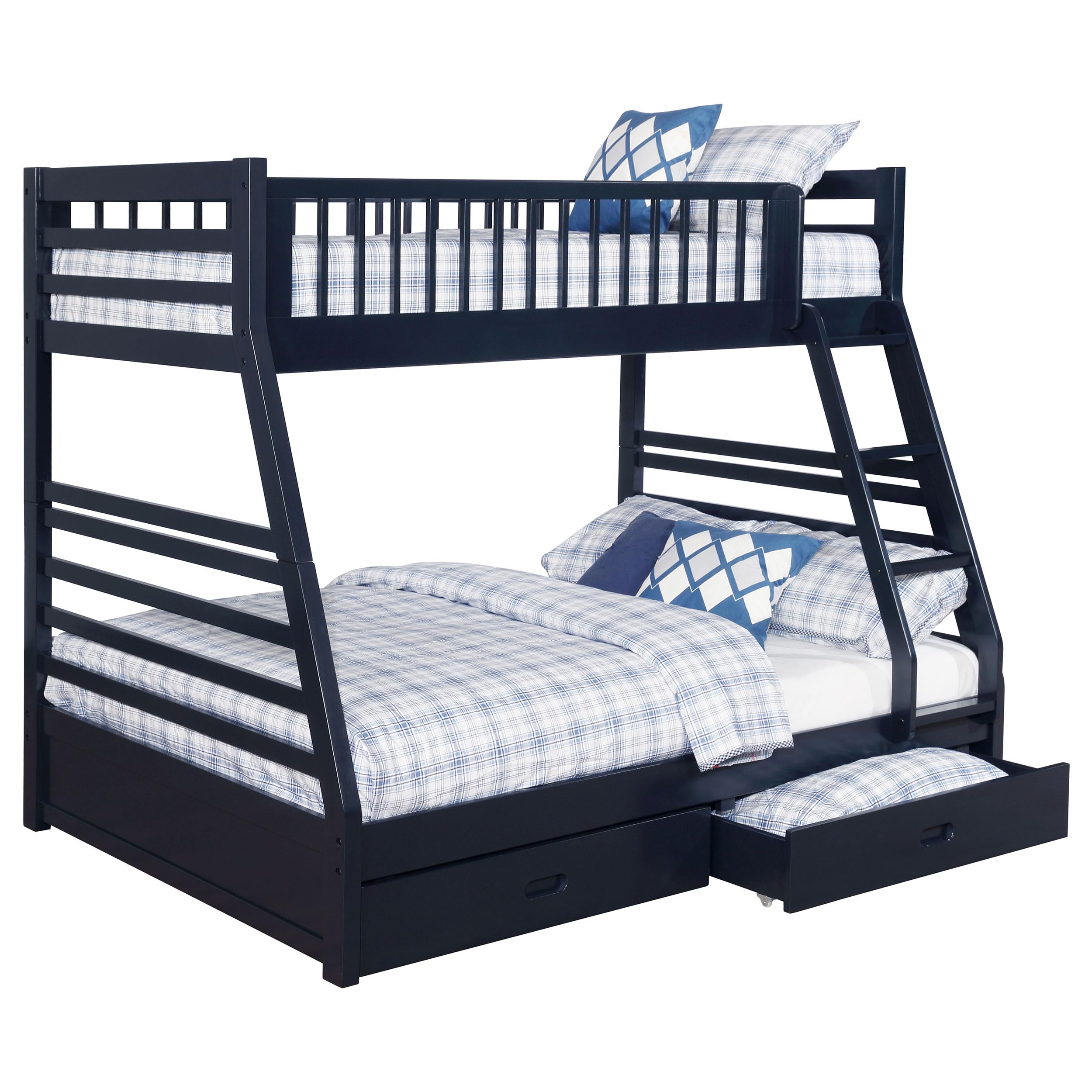 Coaster Home Furnishings Ashton Transitional Wood Twin Over Full Size Bunk Bed Frame with Ladder and Guardrails with Two Storage Drawers Fully Slatted Mattress Ready Foundation Navy Blue 460181