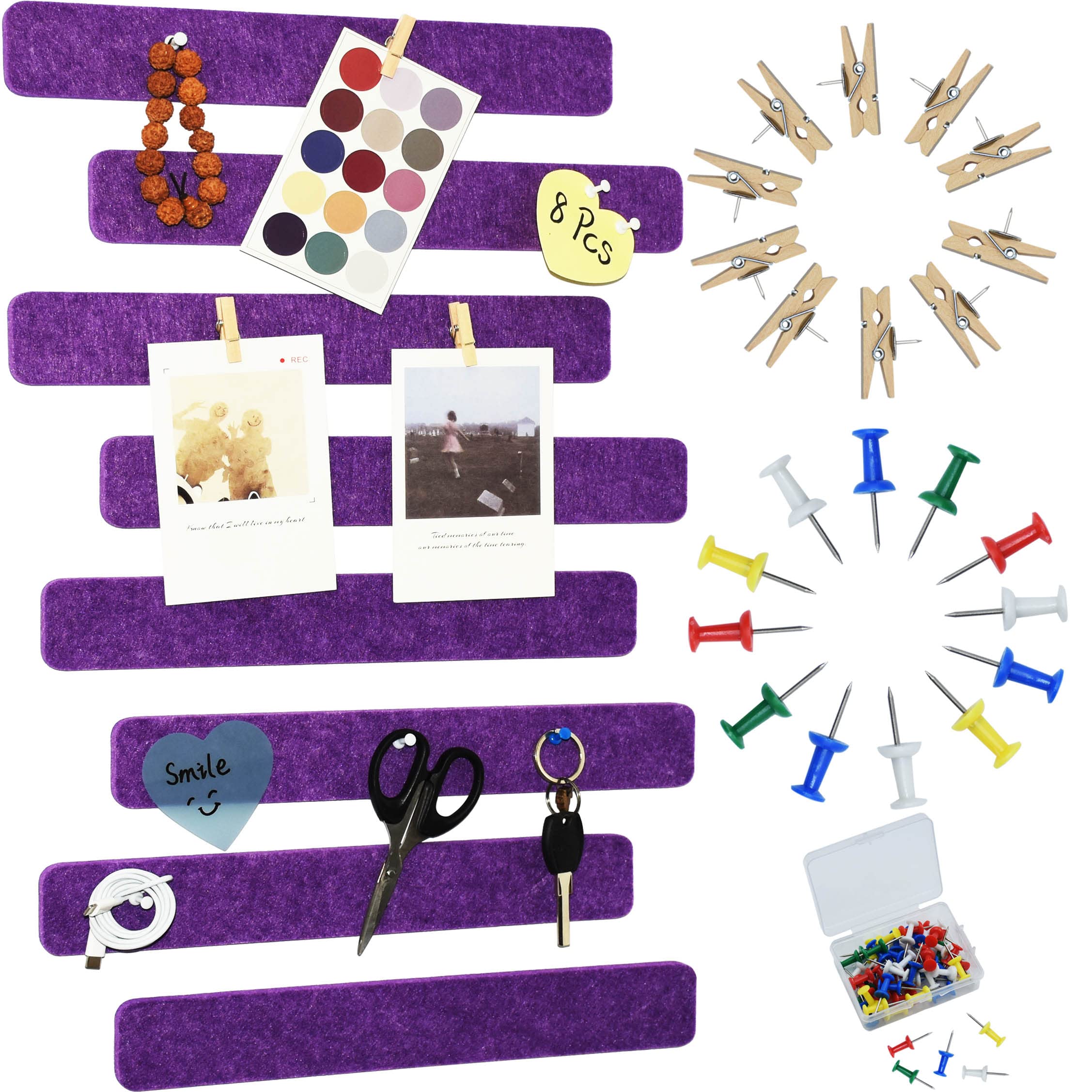 Youdeful 8Pcs Bulletin Board Strips, Purple Felt Pin Board Bar Strips With 50 Pushpins, Self-Adhesive Felt Cork Board Strips For