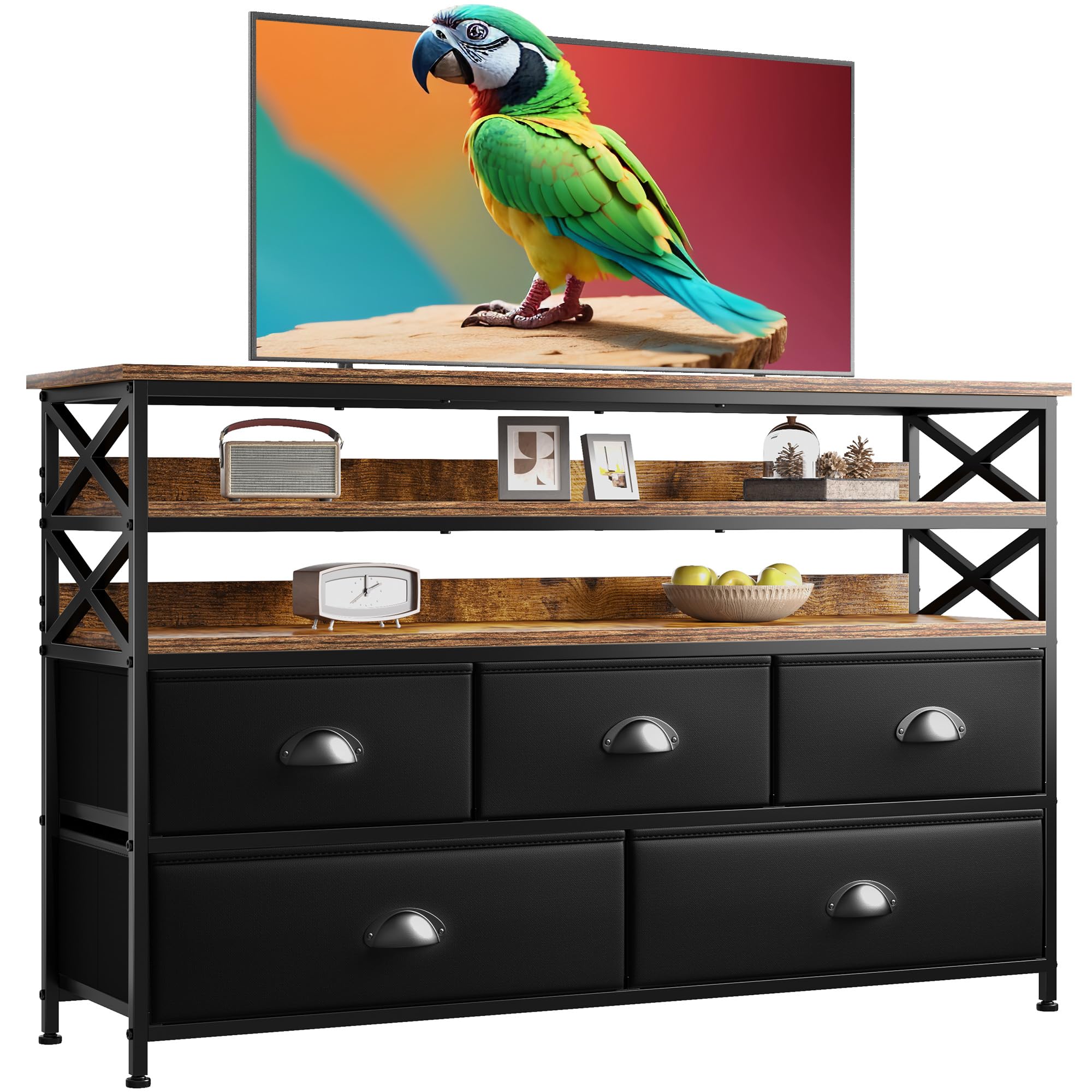 Enhomee Black Dresser With Wood Open Shelves,5 Drawers Dresser Tv Stand For 55' Tv For Bedroom Dresser Fabric Dressers & Chest Of Drawers, Sturdy Dresser For Closet Living Room,Hallway