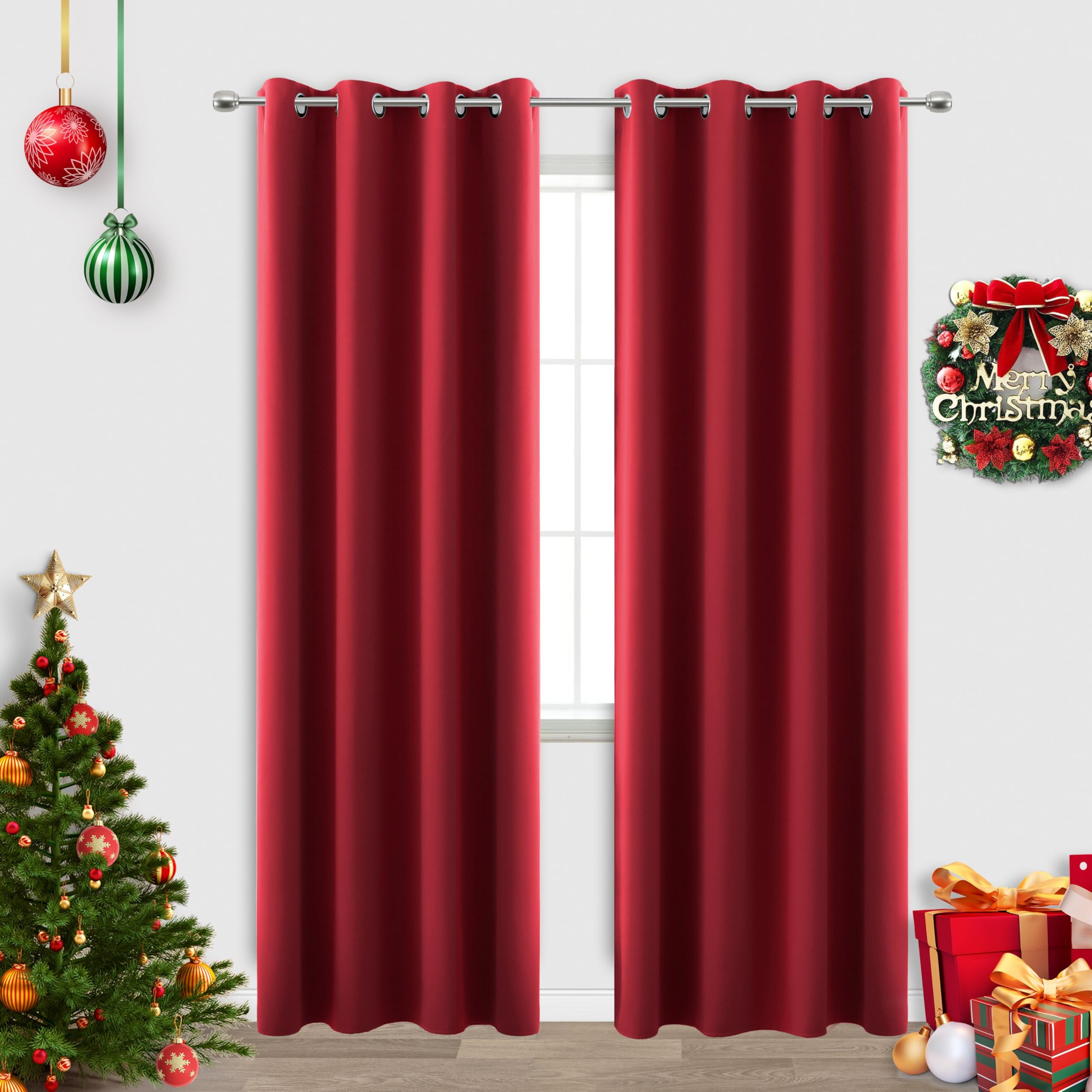 Koufall Christmas Curtains Red 2 Panels For Bedroom Living Room,Blackout Window Room Darkening Grommet Xmas Curtain Drapes 84 In