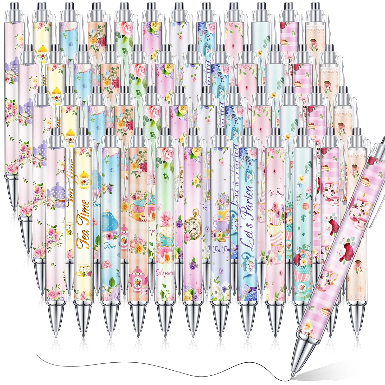Cholemy 48 Pcs Floral Tea Party Favors Tea Party Ink Pens Vintage Teapot Pens Bulk Fancy Retractable Ballpoint Pens Cute Pens Fo