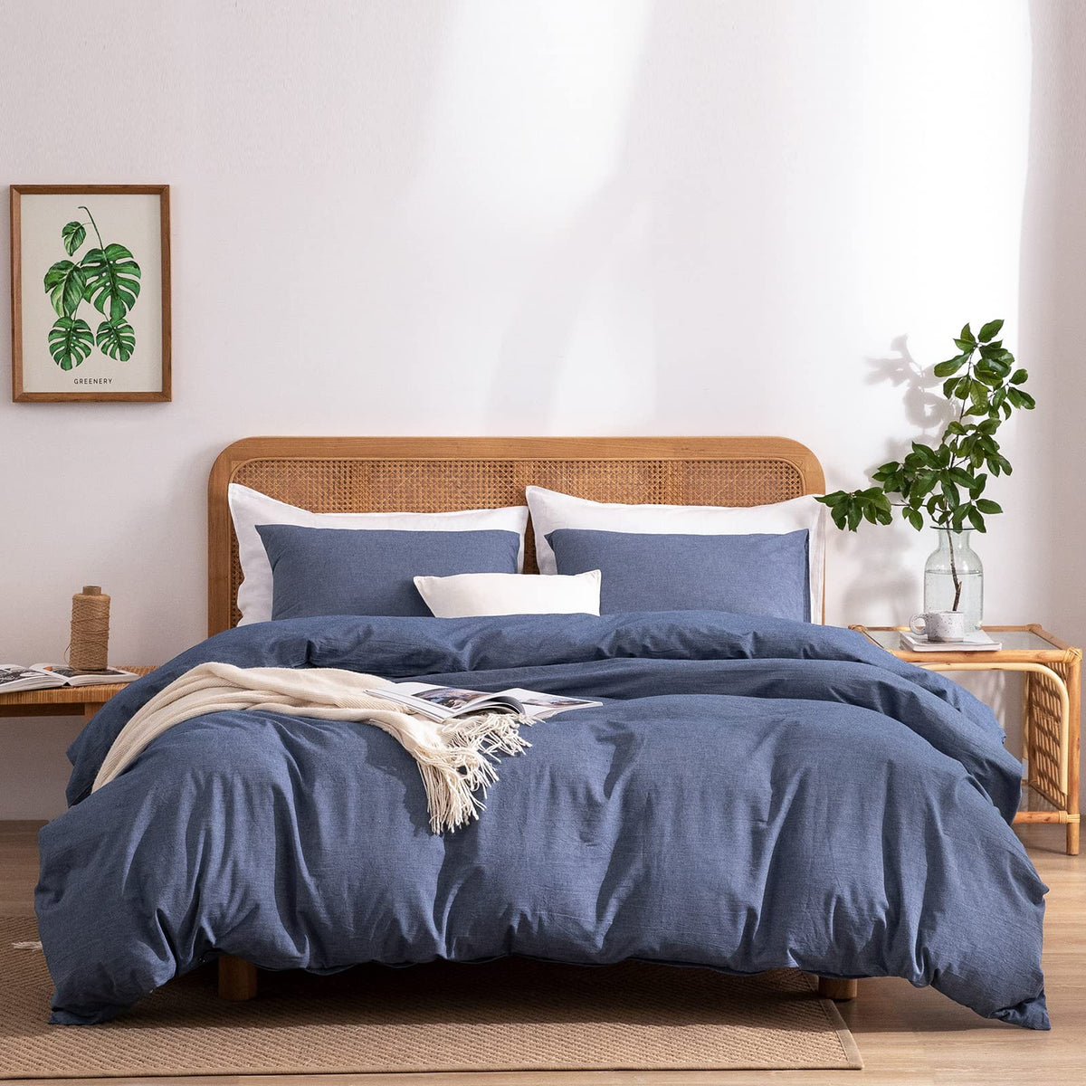 Blue Duvet Cover Queen, 100% Washed Cotton Linen Like Textured 3 Pieces Bedding Set, Solid Color Simple Style Duvet Cover, Luxur