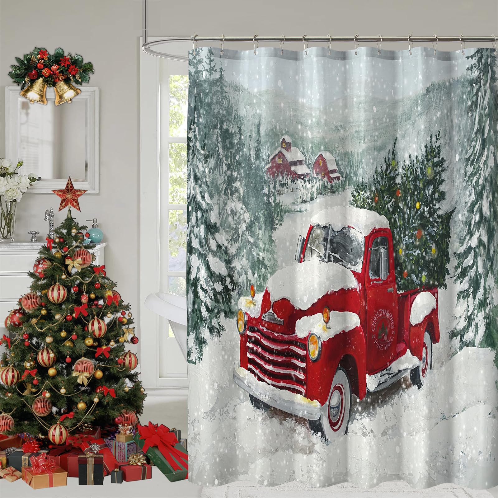 Yostev Red Truck Christmas Shower Curtains For Bathroom Decoration Christmas Tree Shower Curtain Winter Vintage Rustic Retro Far
