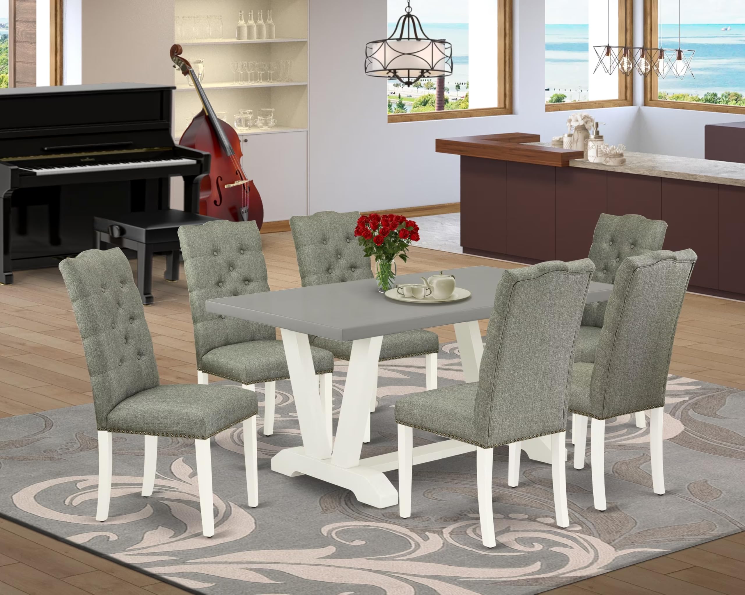 East West Furniture V096El207-7 7 Piece Dining Set Consist Of A Rectangle Dining Room Table With V-Legs And 6 Gray Linen Fabric Upholstered Parson Chairs, 36X60 Inch, Multi-Color