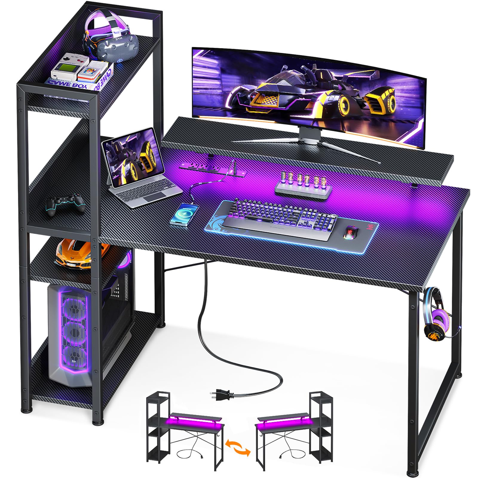 Odk Reversible Gaming Desk With Usb Charging Port And Led Lights, 40 Inch Computer Desk With Storage Shelves & Monitor Stand, Study Table For Home Office, Small Space Bedroom, Carbon Fiber Black