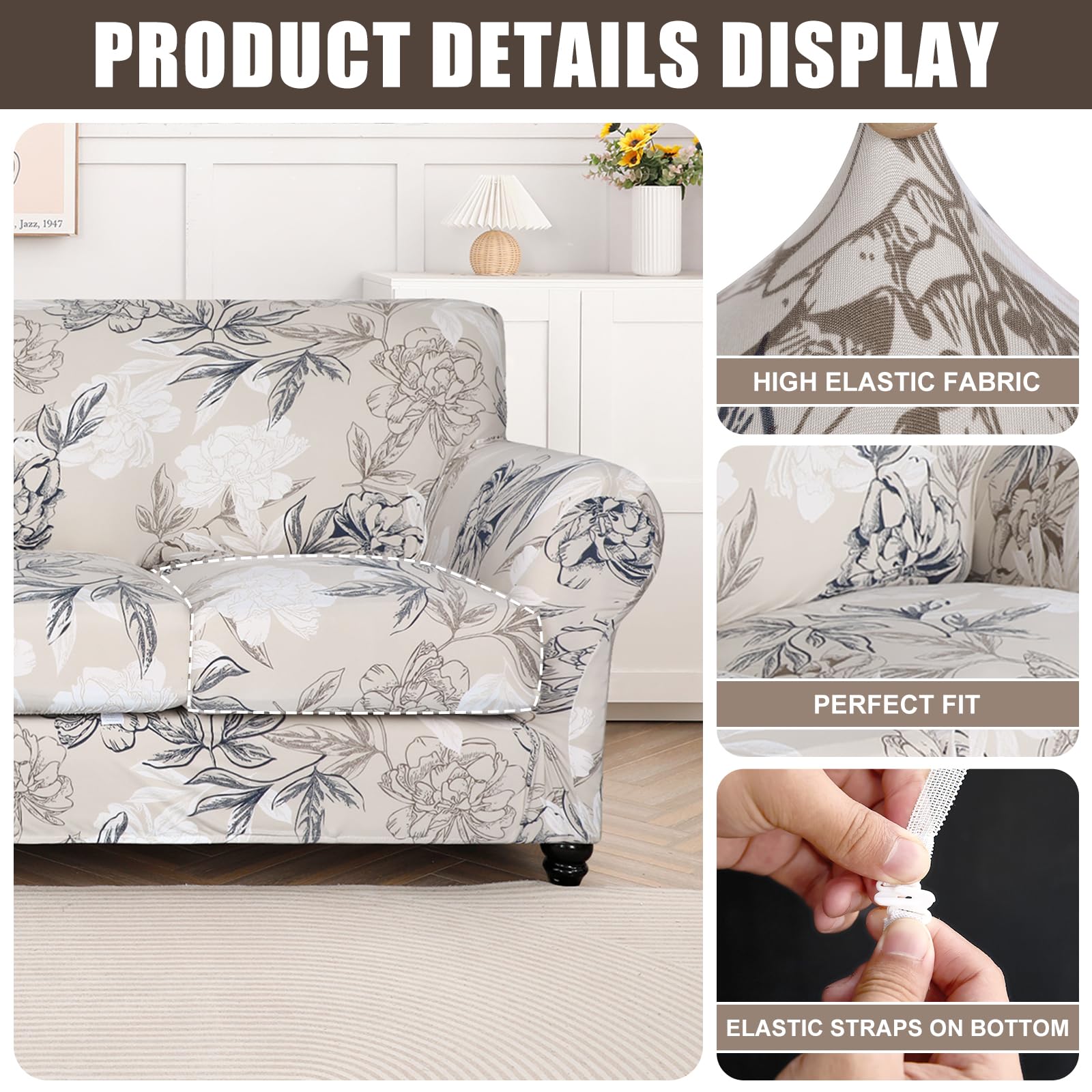 Searchi Stretch Sofa Cover Printed Couch Cover, Floral Pattern 4 Pieces Sofa Slipcover With 3 Separate Cushion Cover, Washable Furniture Protector For Living Room(Sofa, Flower Shadow)