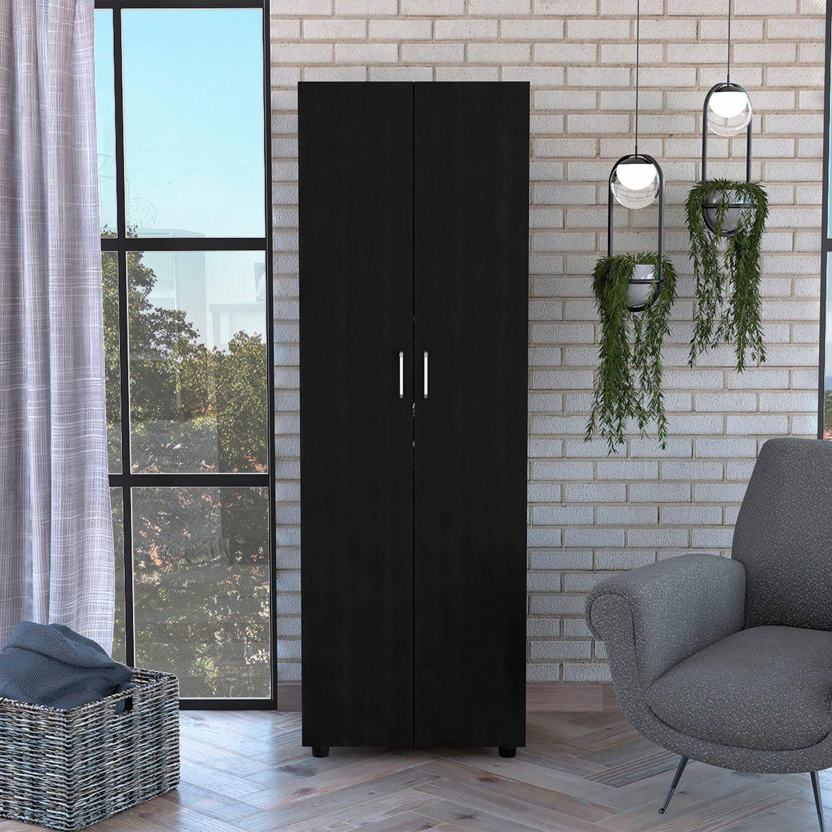 HomeRoots Particle Board 71&quot; Black Tall Two Door Closet