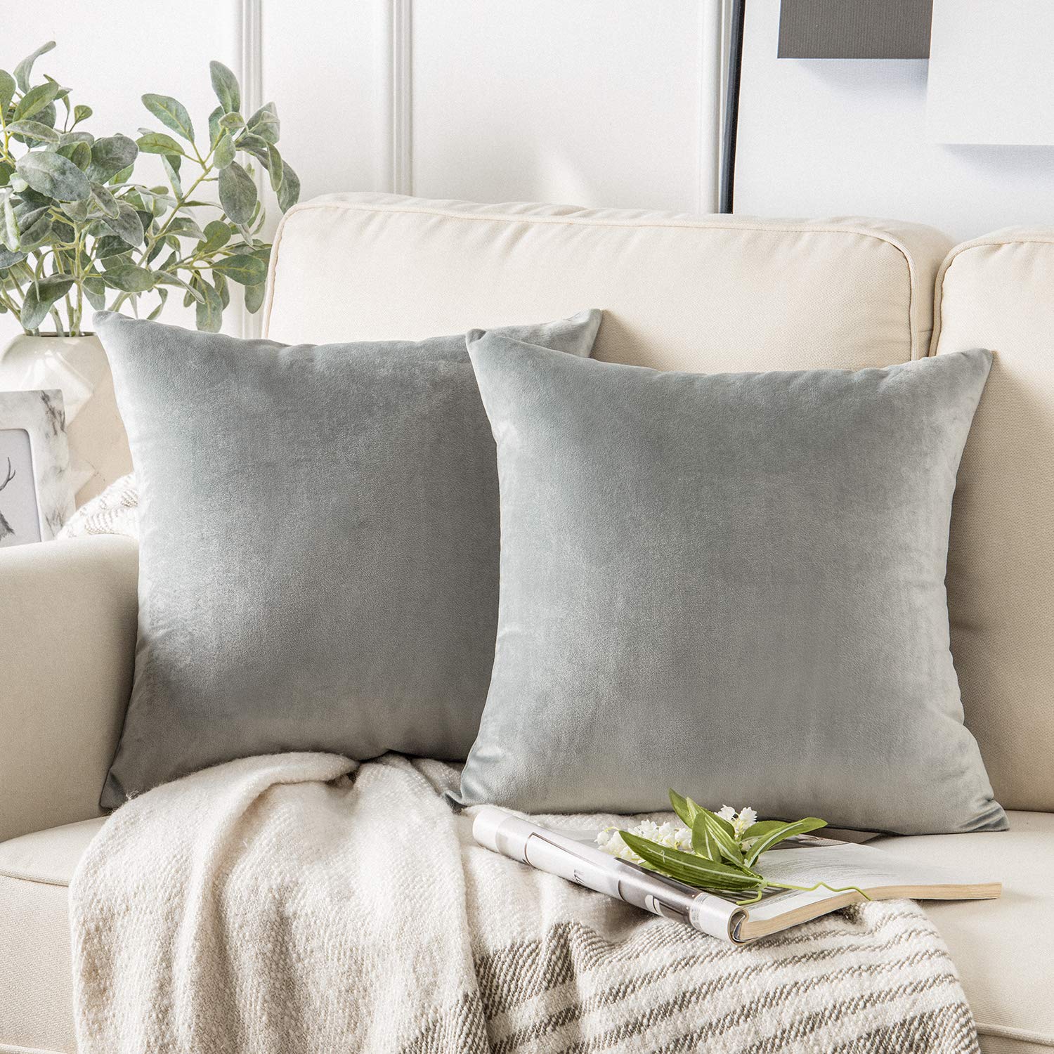 Phantoscope Pack Of 2 Velvet Decorative Throw Decorative Pillow Cover Soft Solid Square Cushion Case For Couch Mist Grey 22 X 22