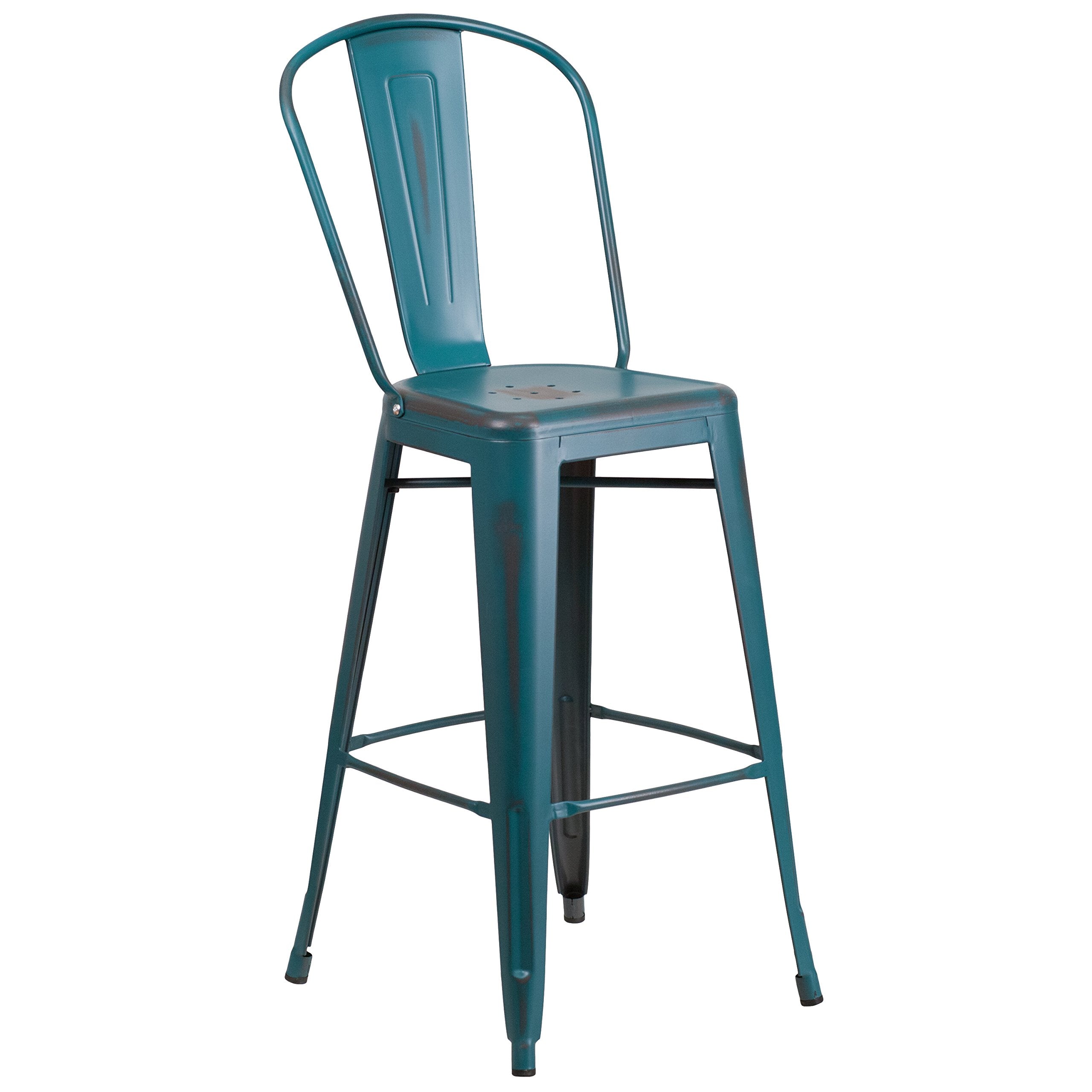 Flash Furniture Commercial Grade 30' High Distressed Kelly Blue-Teal Metal Indoor-Outdoor Barstool With Back