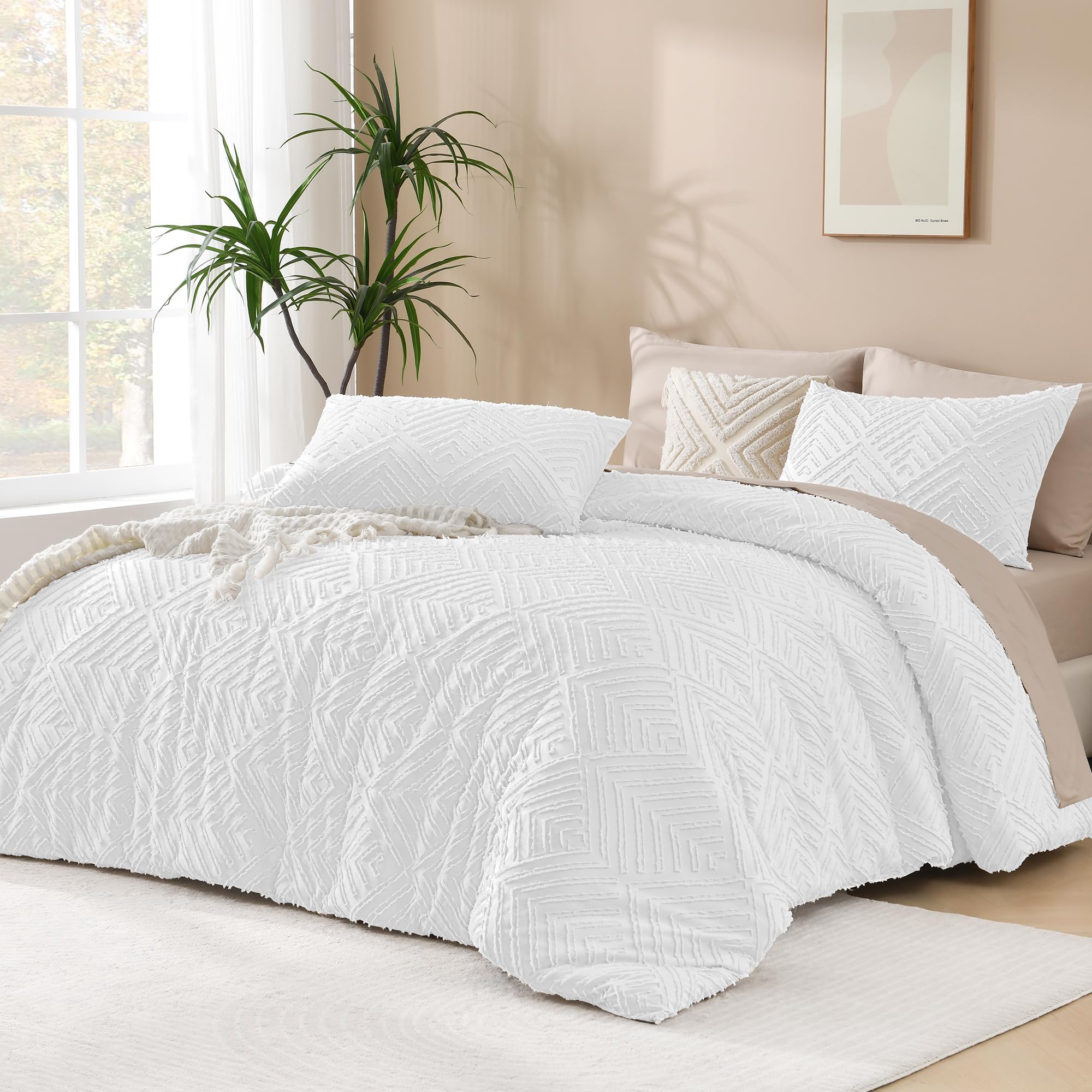 Andency White Comforter Full Size, 3 Pieces Boho Lightweight Fluffy Bedding Comforter Set For Full Bed, Tufted Farmhouse Design Bed Set For All Seasons (1 Comforter 79X90In, 2 Pillowcases)